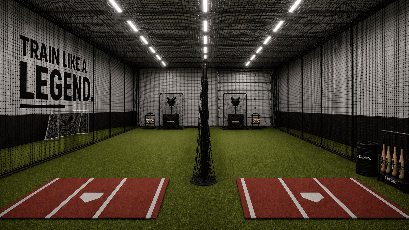 Indoor batting lanes at Legends Training Factory.