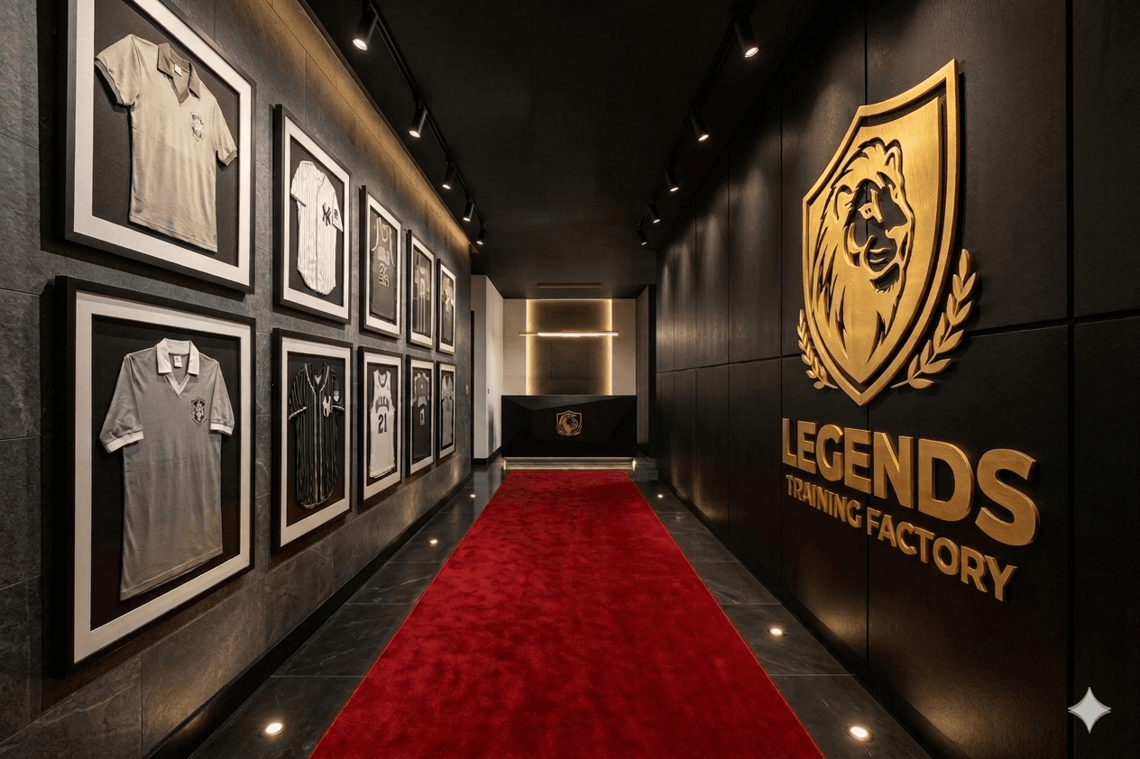 The Legends Training Factory entrance: red carpet tunnel, jersey wall, gold lion crest.