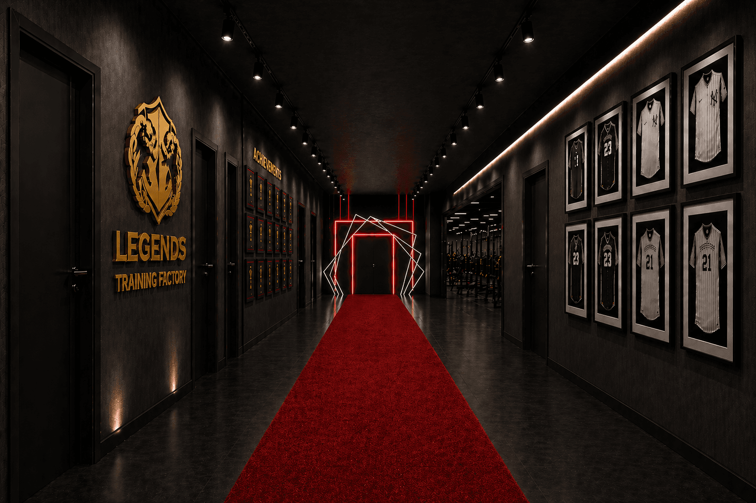 The Legends Training Factory hallway: red carpet, framed jersey wall, gold crest, and glowing red archway.