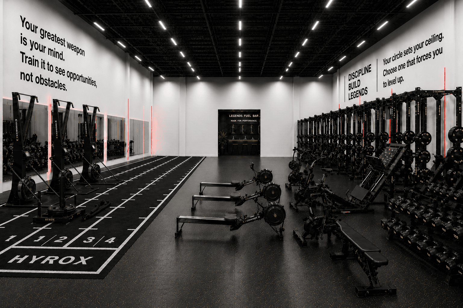 The strength and conditioning floor at Legends Training Factory.