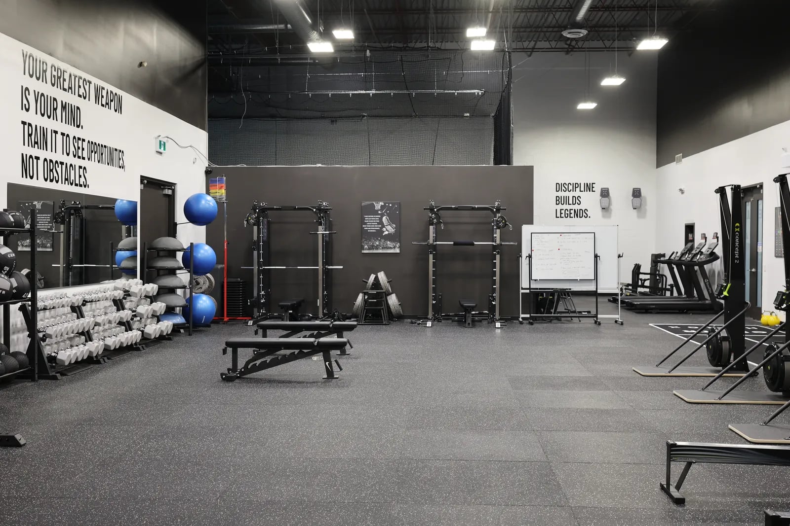 The strength and conditioning floor at Legends Training Factory.