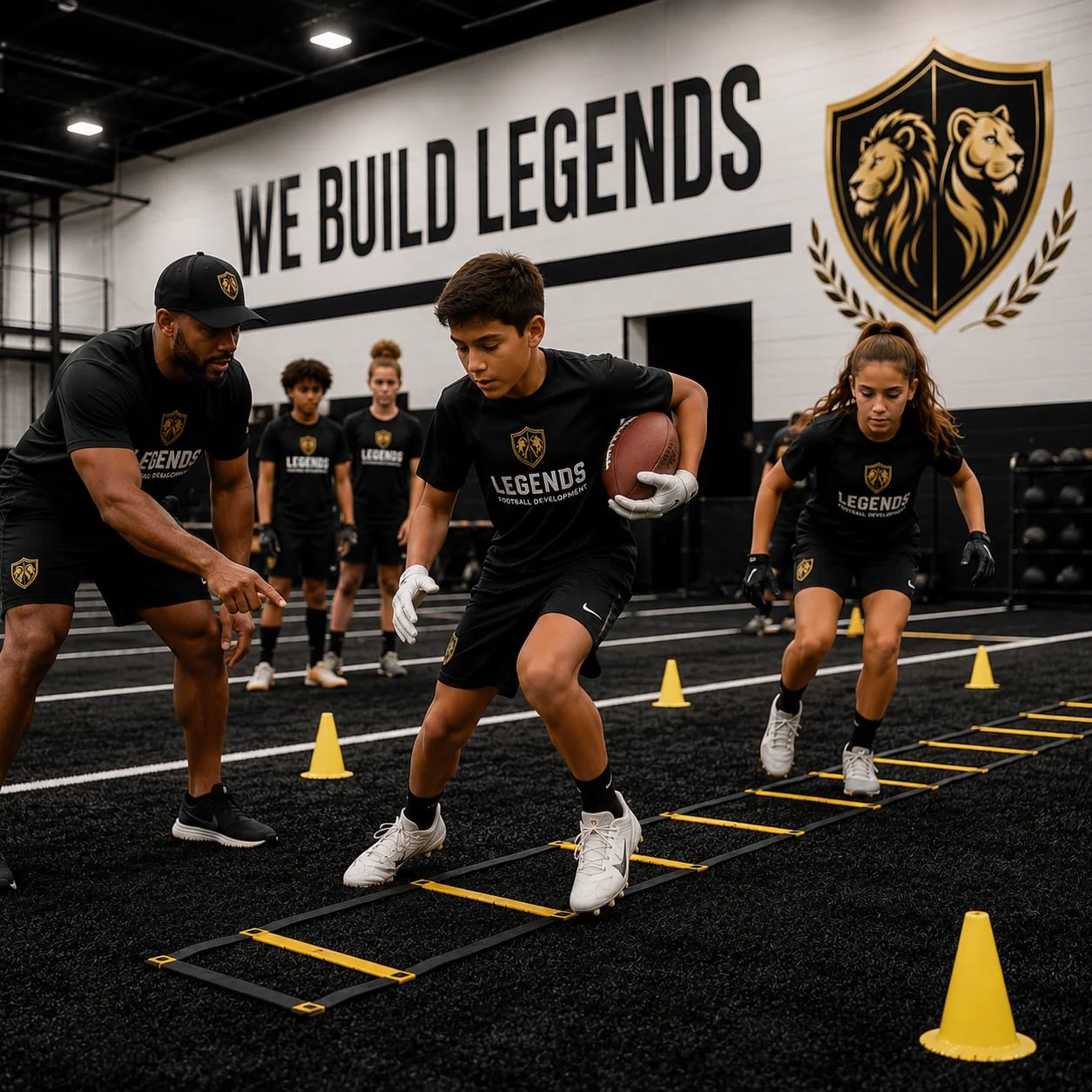 Youth football development training at Legends Training Factory.